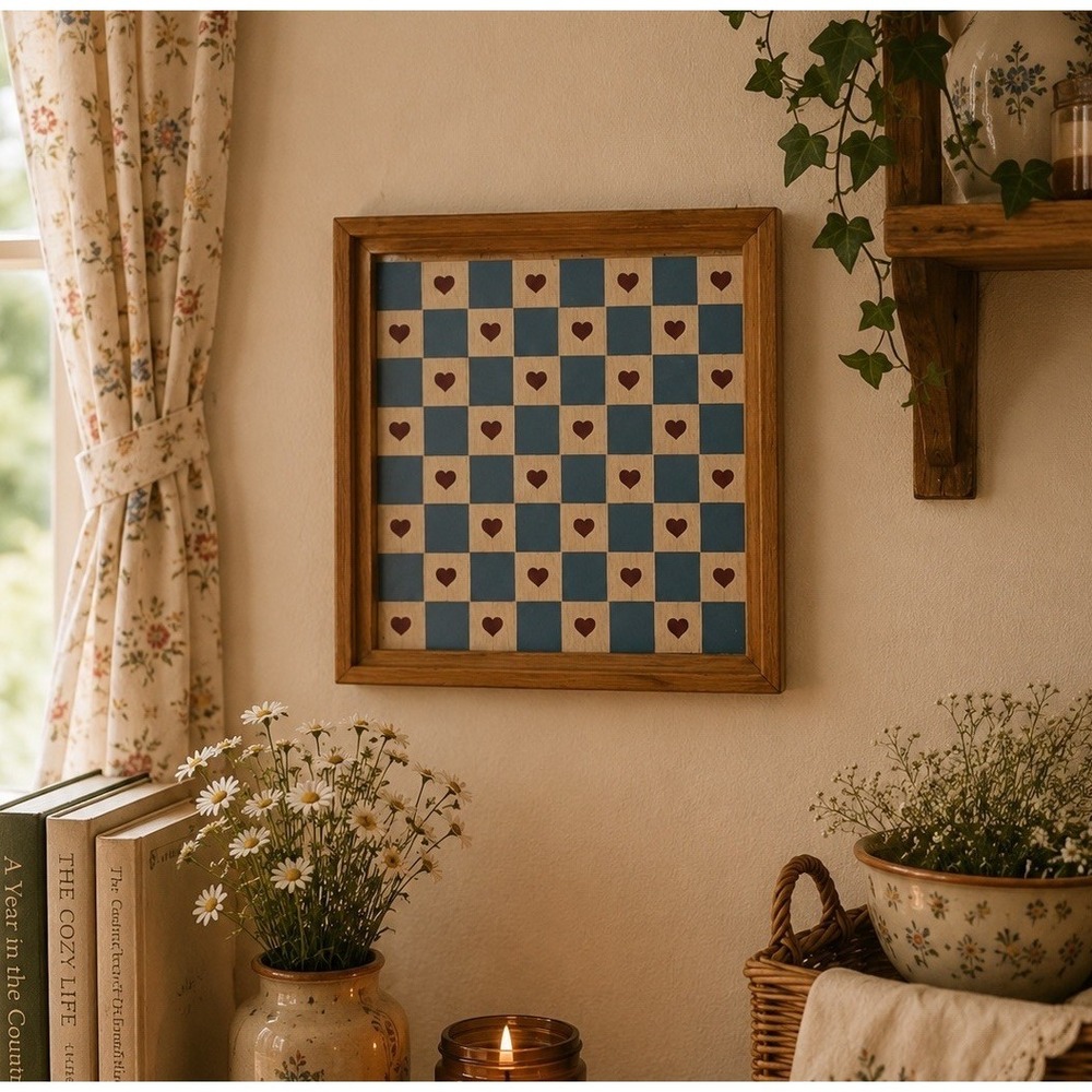 Vintage Handcrafted Wooden Checker Board Art Cottage Core Gallery Wall 13x13"